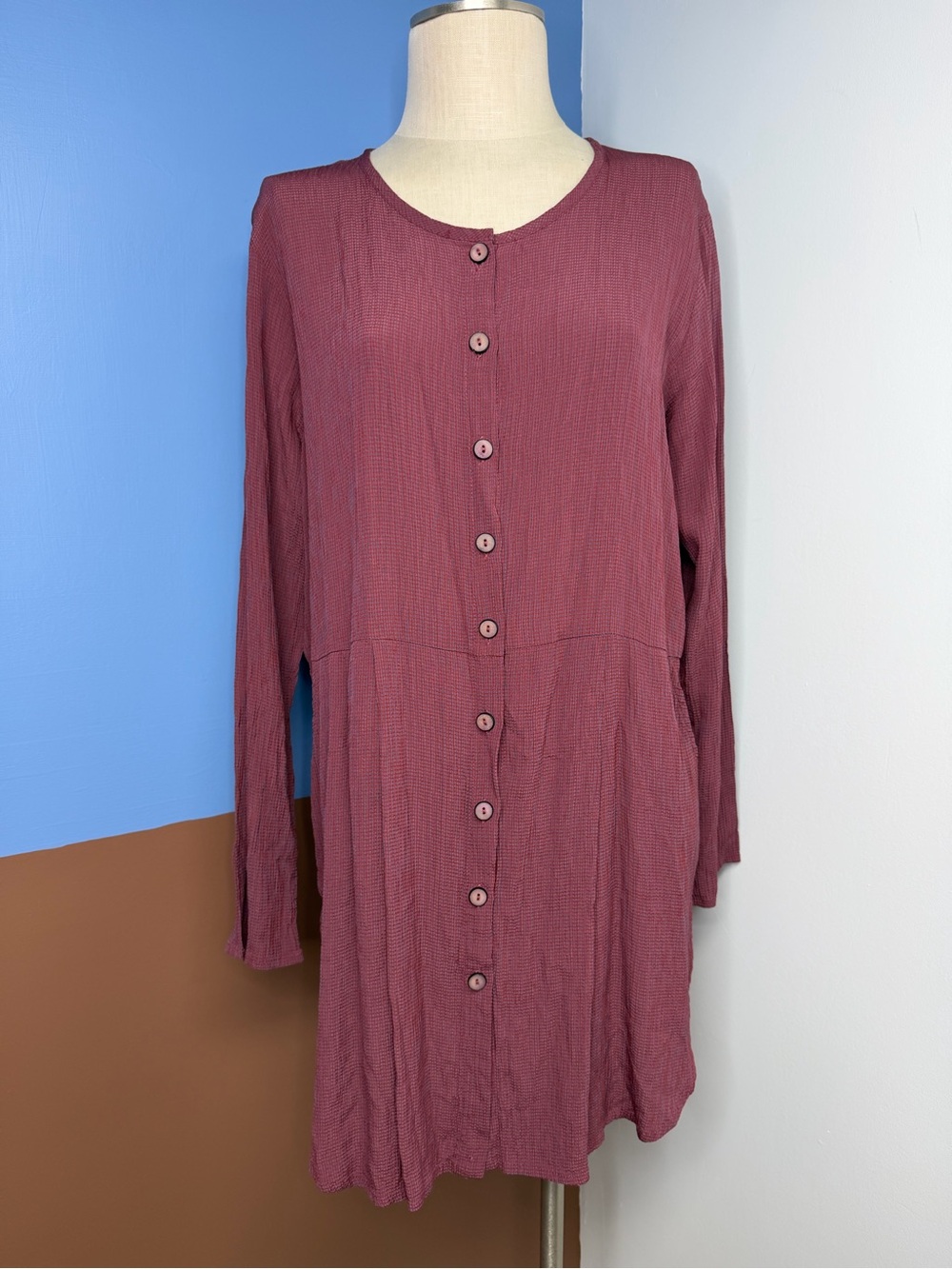 Flax Burgundy Gingham Button Front Long Sleeve Tunic Dress Size Medium